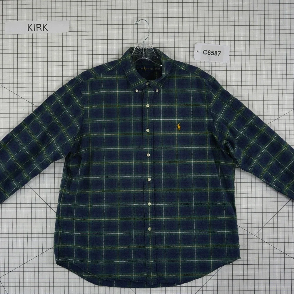Ralph Lauren Plaid 100% Cotton Button Down Shirt Men's Size XL Blue Green Black